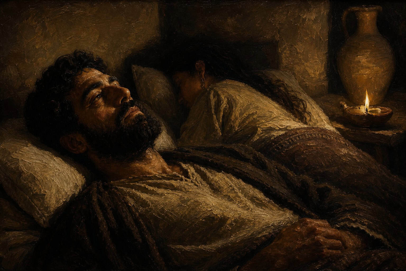 A man lying awake on his back in a dim rented room at night, staring at a bare ceiling