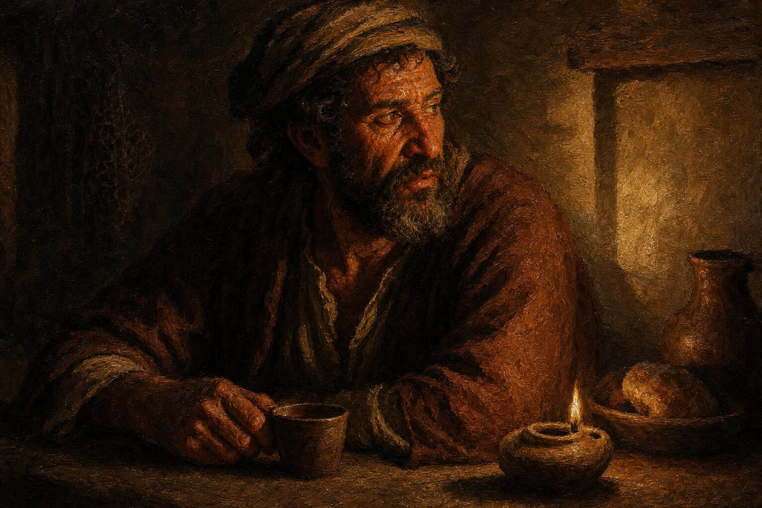 A single figure seated at a dim table, face composed, one hand still