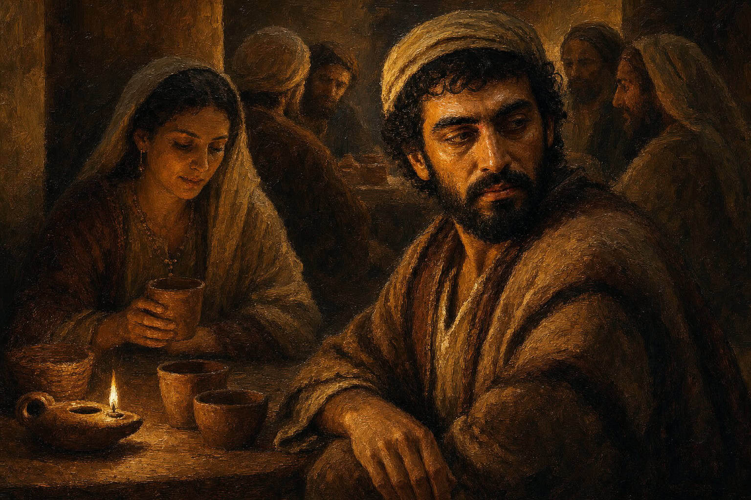 Two figures at a small cafe table, faint translucent figures gathered behind each of them, warm dim light