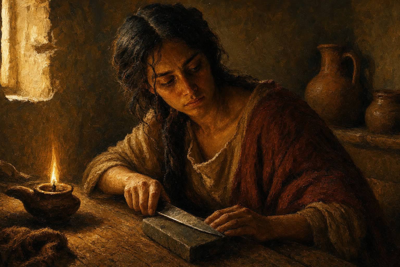 A whetstone and a blade on a worn wooden table, dim window light