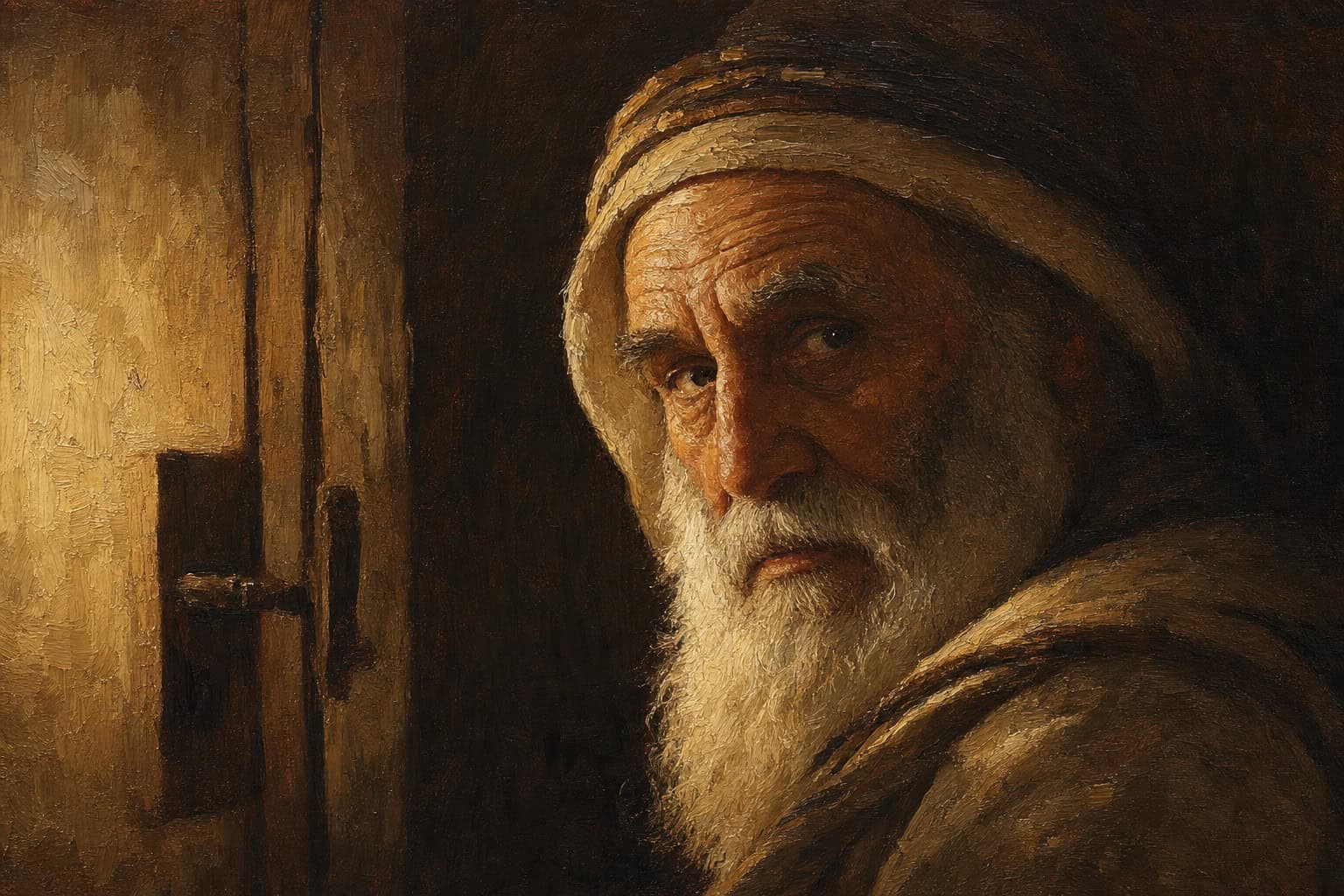 A dim room, a single closed door, one figure half-turned from the light, face guarded and unreadable