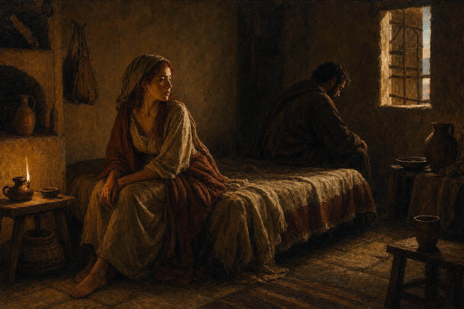 A dim warm-lit room at dusk, two shadowed figures apart on a bed, a single window gate of pale light half-open