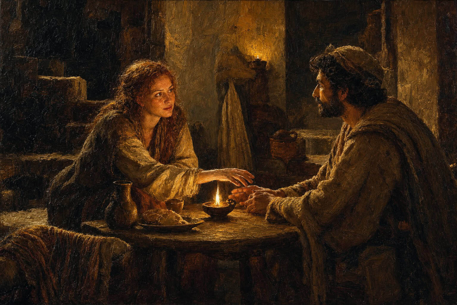 Two figures at a small candlelit table, faces half-lit, hands almost touching, the space between them charged and guarded