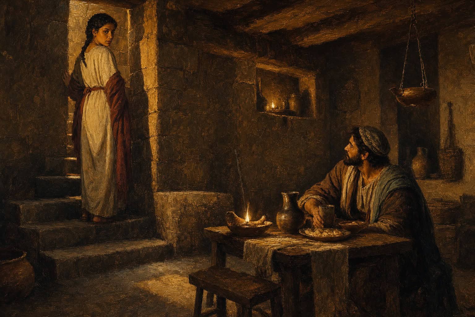 A woman standing at the top of a shadowed stone staircase, half-turned away, a man seated below at a small table set for two