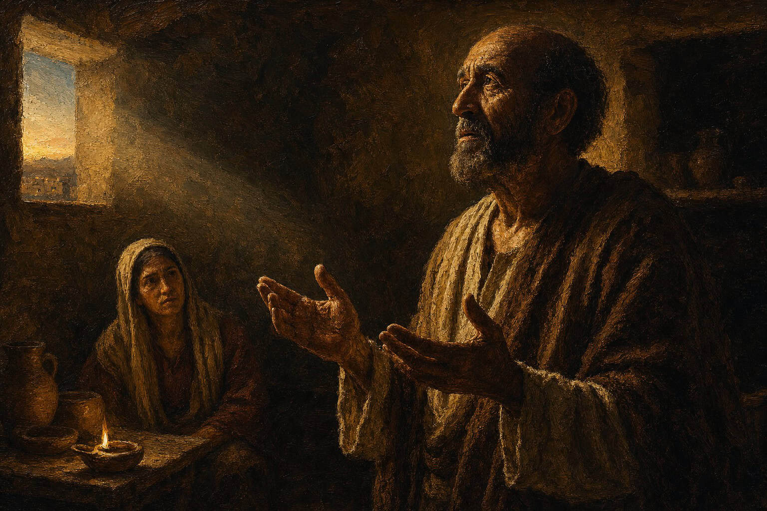 A dim room at dusk where a man stands appraising rather than beholding, faint constellations of light on a wall