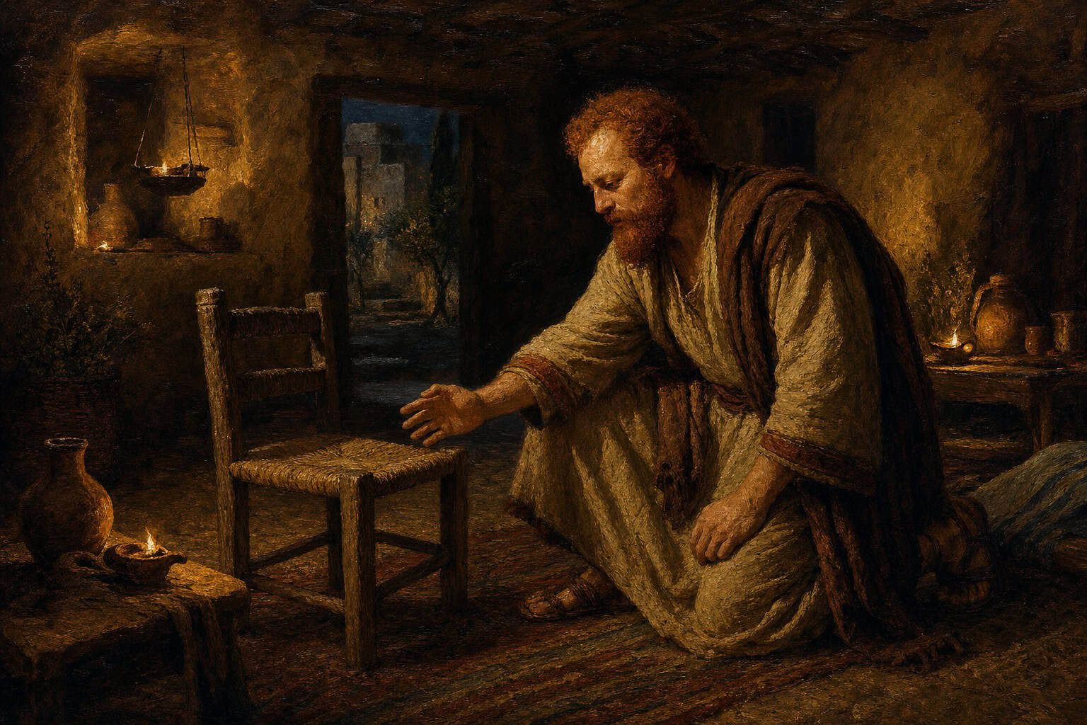 A solitary figure kneeling in dim lamplight beside an empty chair, hand reaching toward a space where no one sits