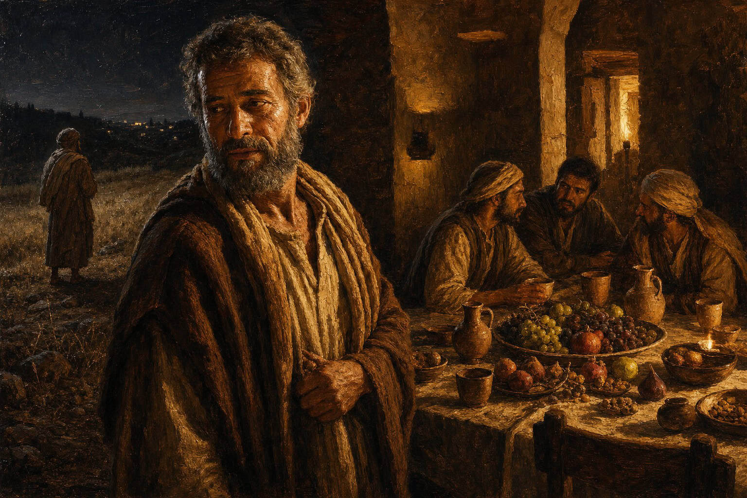 A candlelit banquet table laden with fruit, one empty chair, a lone figure standing just outside the ring of light in a