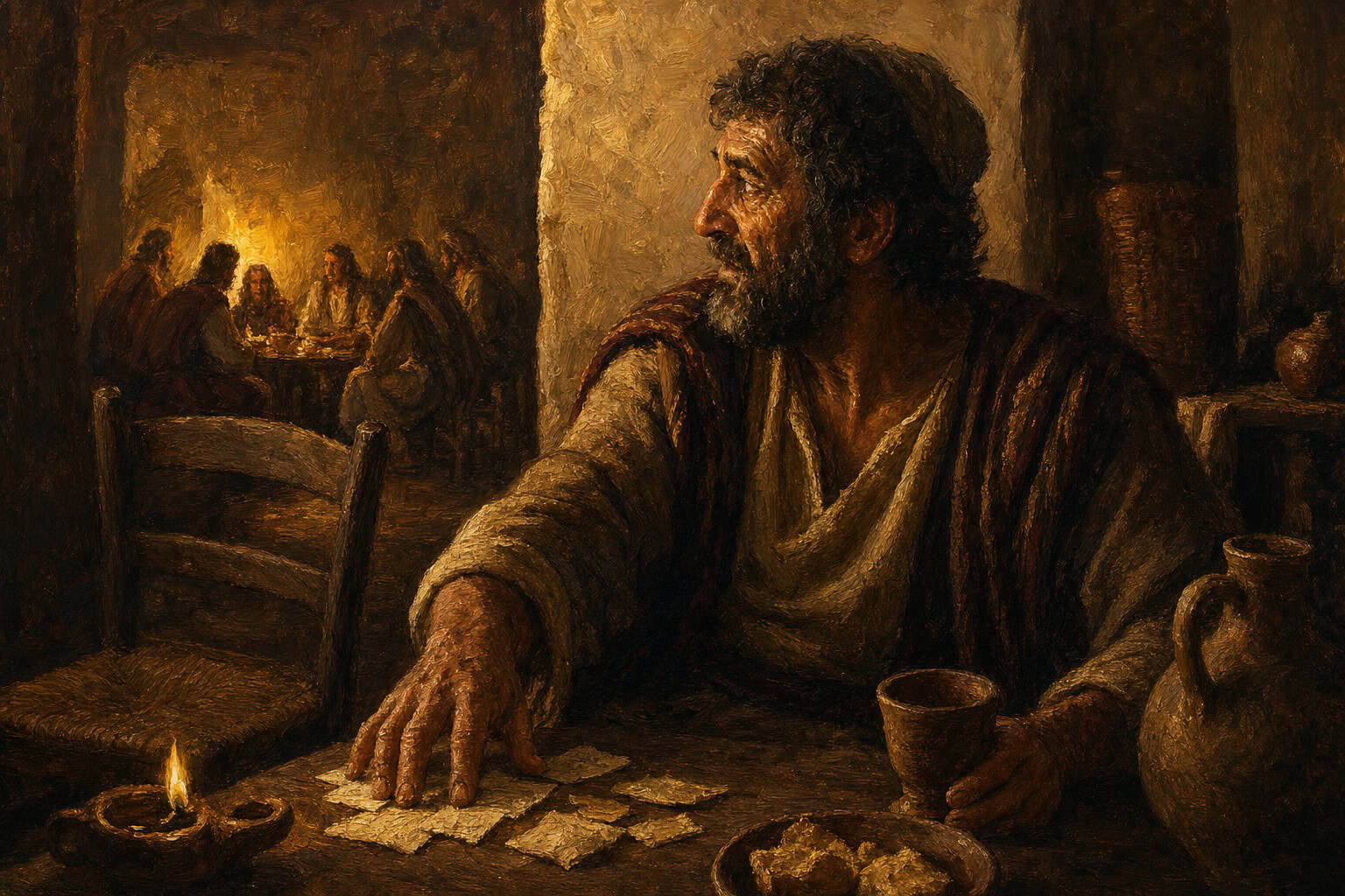 A man alone at a candlelit table across an empty chair, one hand resting on a scattered pile of small notes