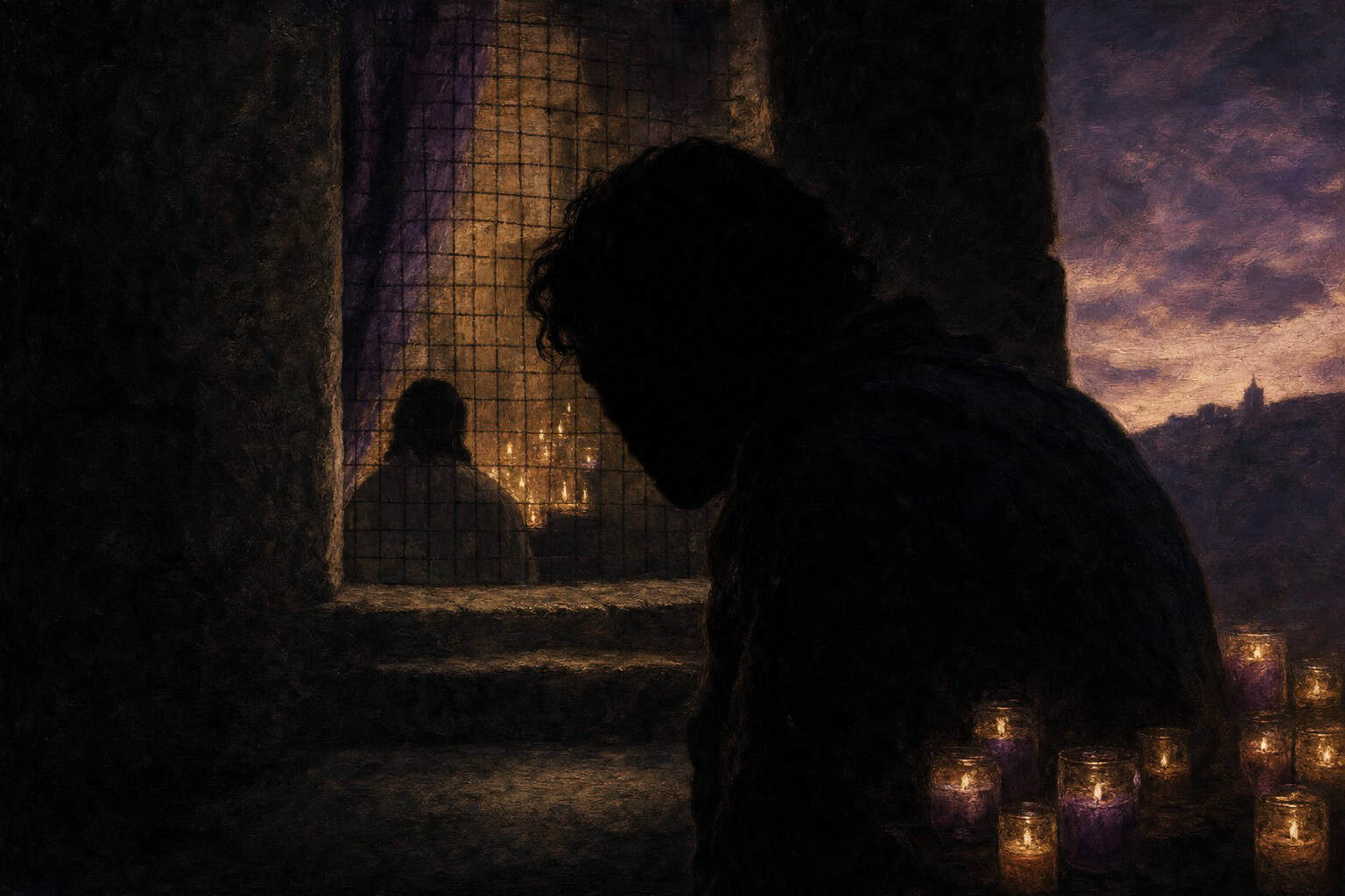 silhouetted figure outside at dusk, face close to a lit window covered by fine mesh screen, interior figure — Confessions to the Empty Chair by Anthony Adore