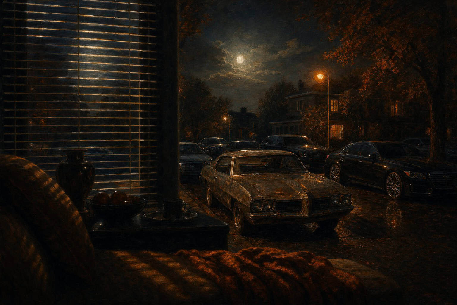 a battered Pontiac parked among polished luxury cars under quiet suburban streetlights — Confessions to the Empty Chair by Anthony Adore