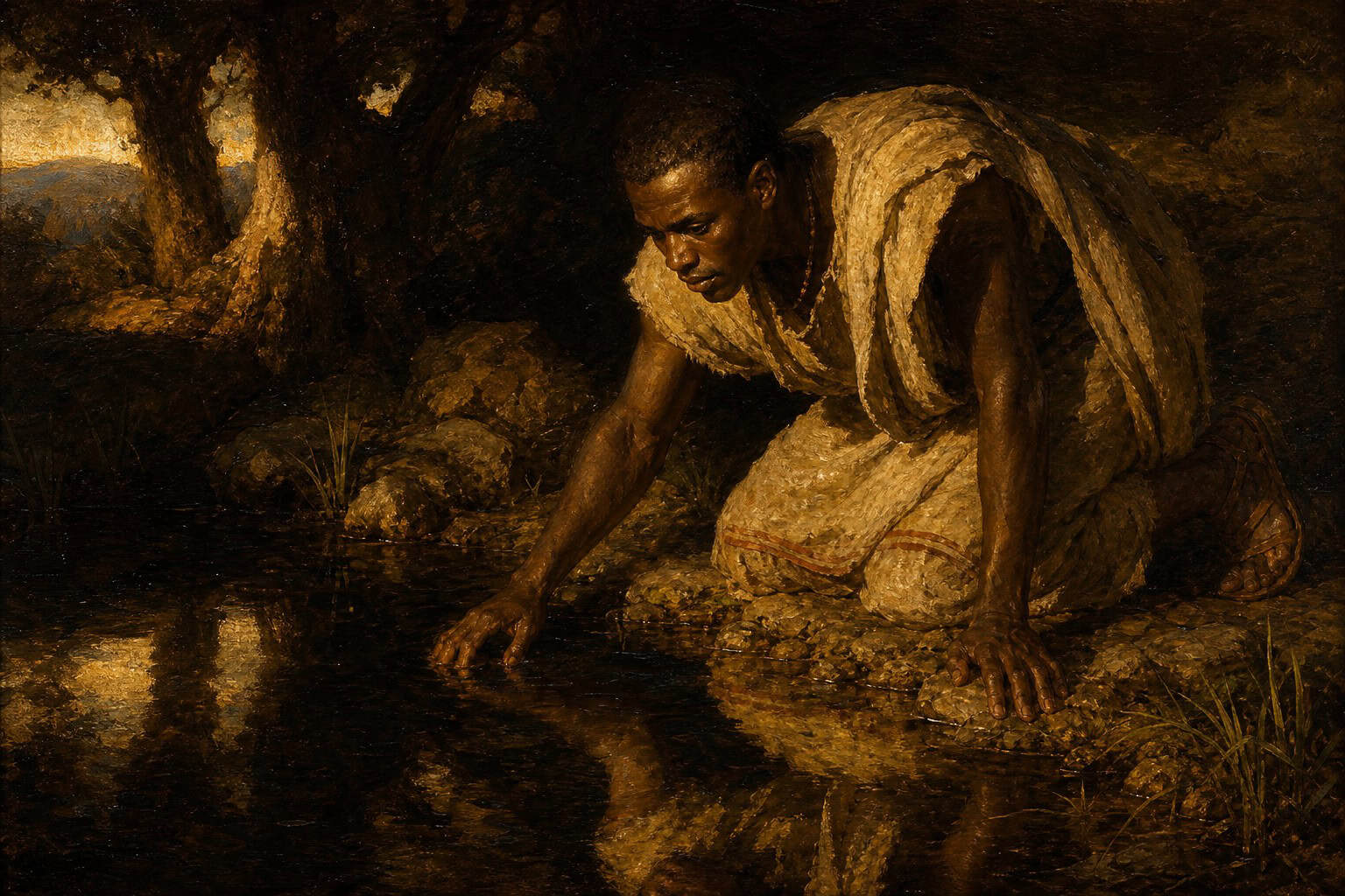 A woman kneeling at the edge of a still forest pond, bent over her own reflection, watched from the shadowed treeline