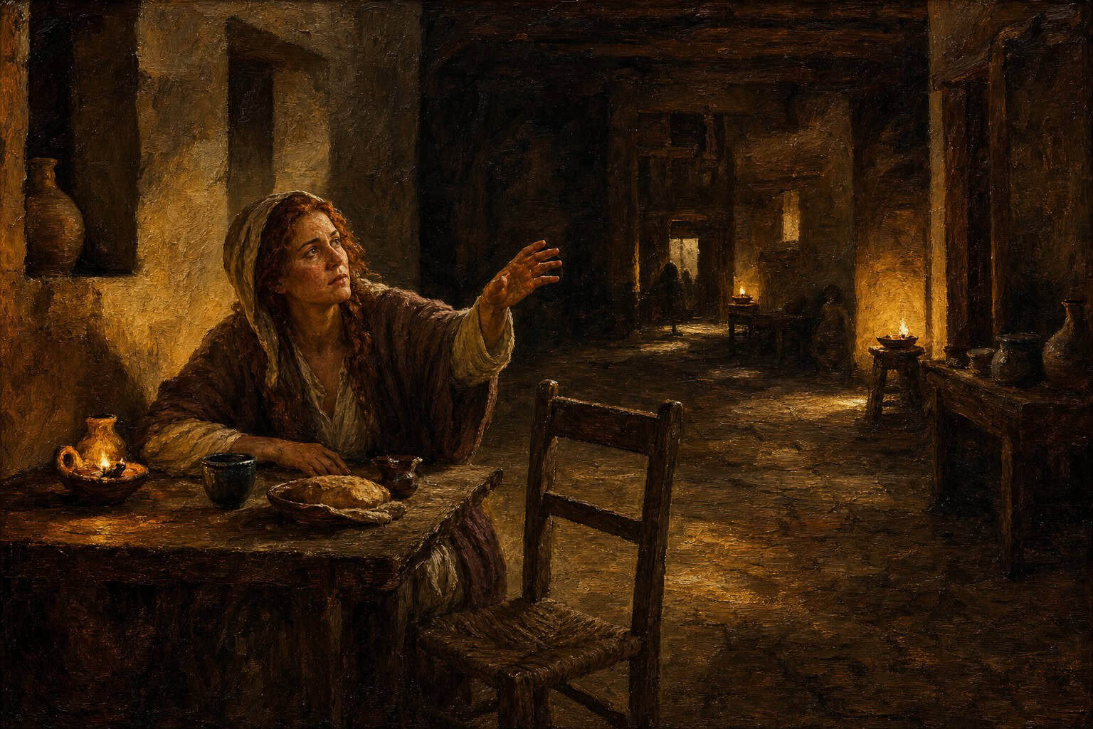 A man alone at a small cafe table, a woman's chair just emptied, dim coffee