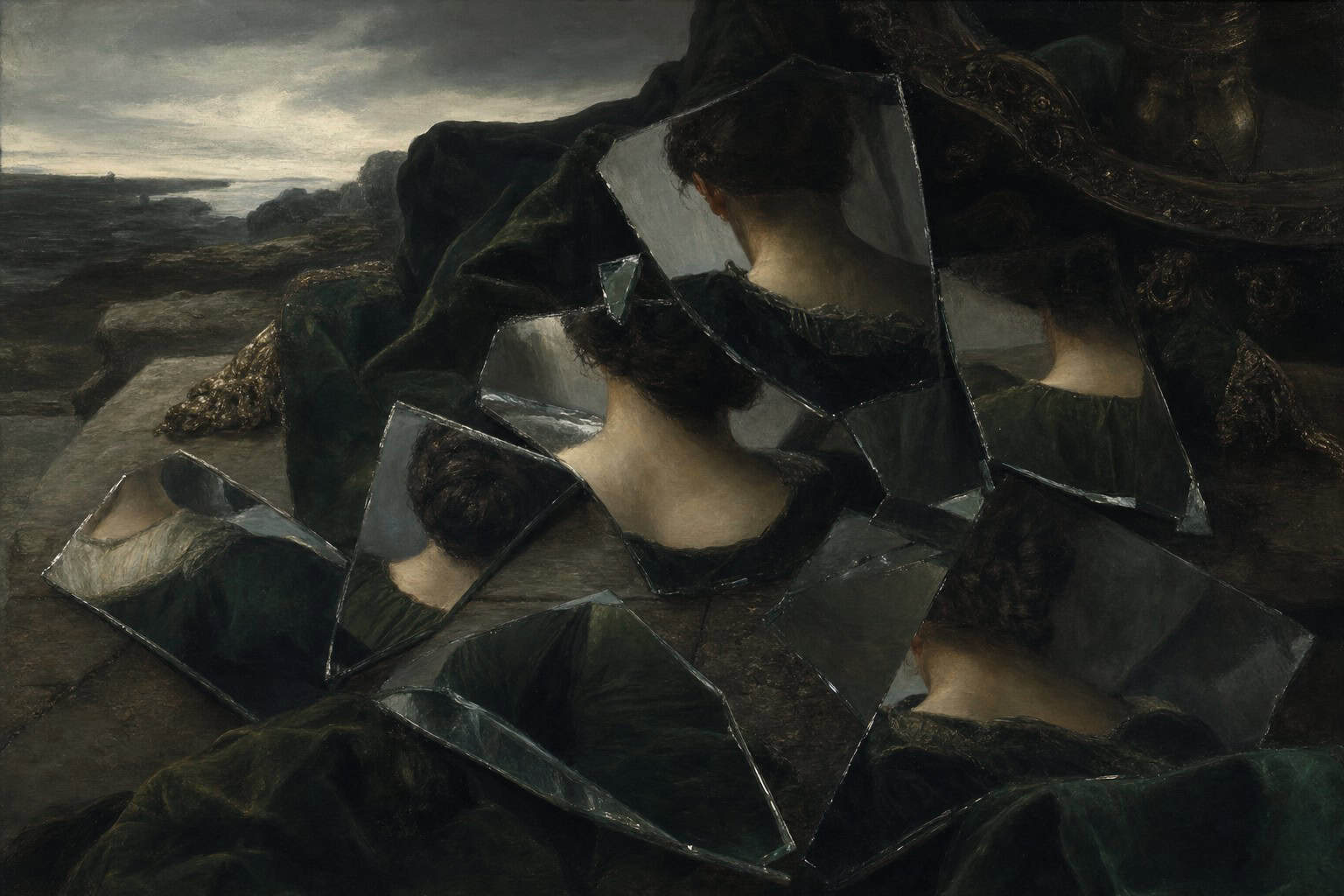 A woman sits by the shore, gazing into a broken mirror, with a somber expression, surrounded by pottery and dim candlelight.