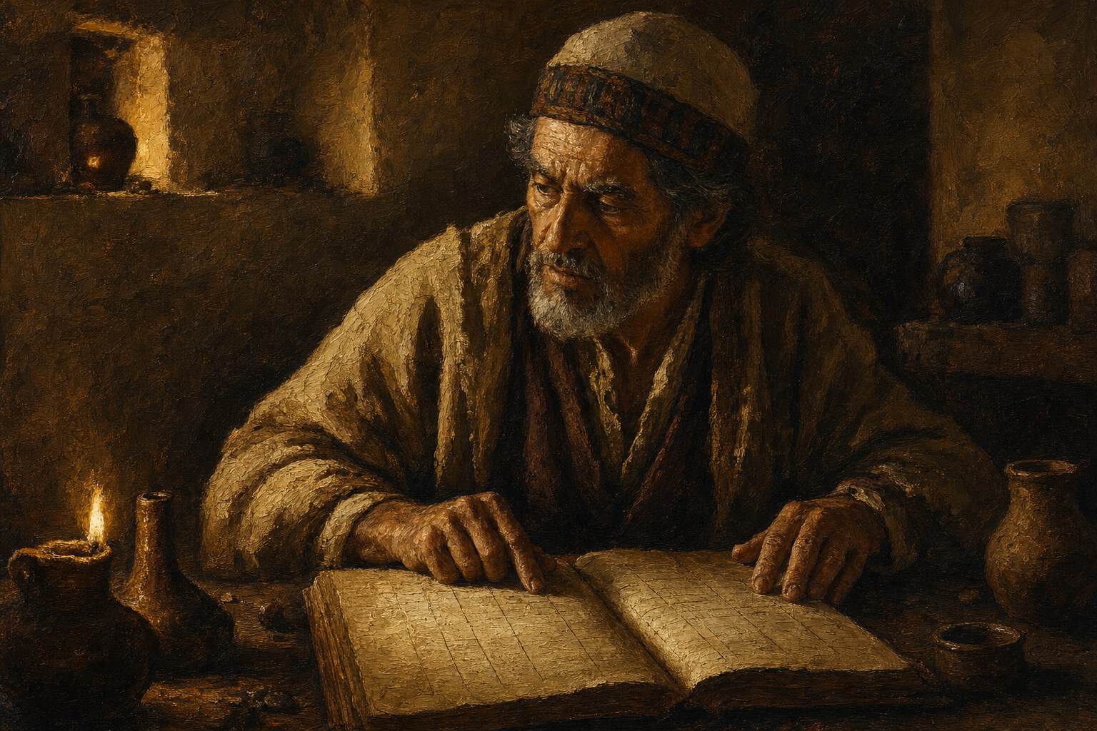 A man at a dim table, a handwritten ledger open before him, one candle guttering low