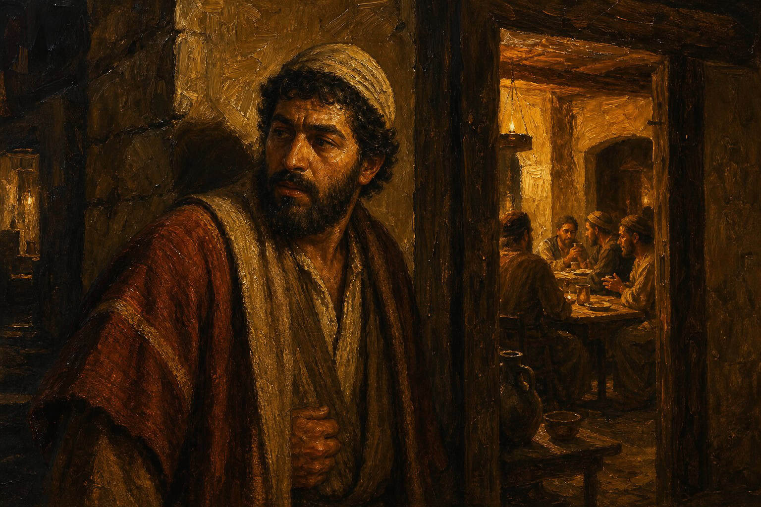 A lone figure paused at a restaurant doorway, warm interior light angling away into unseen rooms