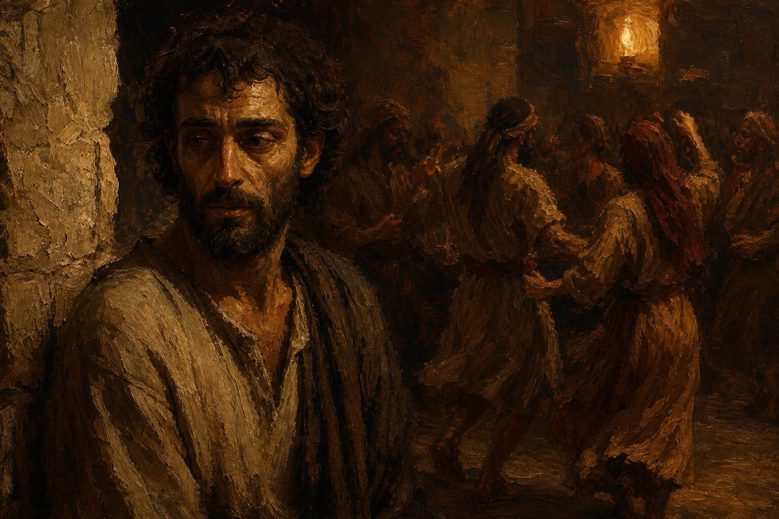 A lone figure at the edge of a crowded, dim dance floor, half-lit and half-erased by moving bodies and colored light