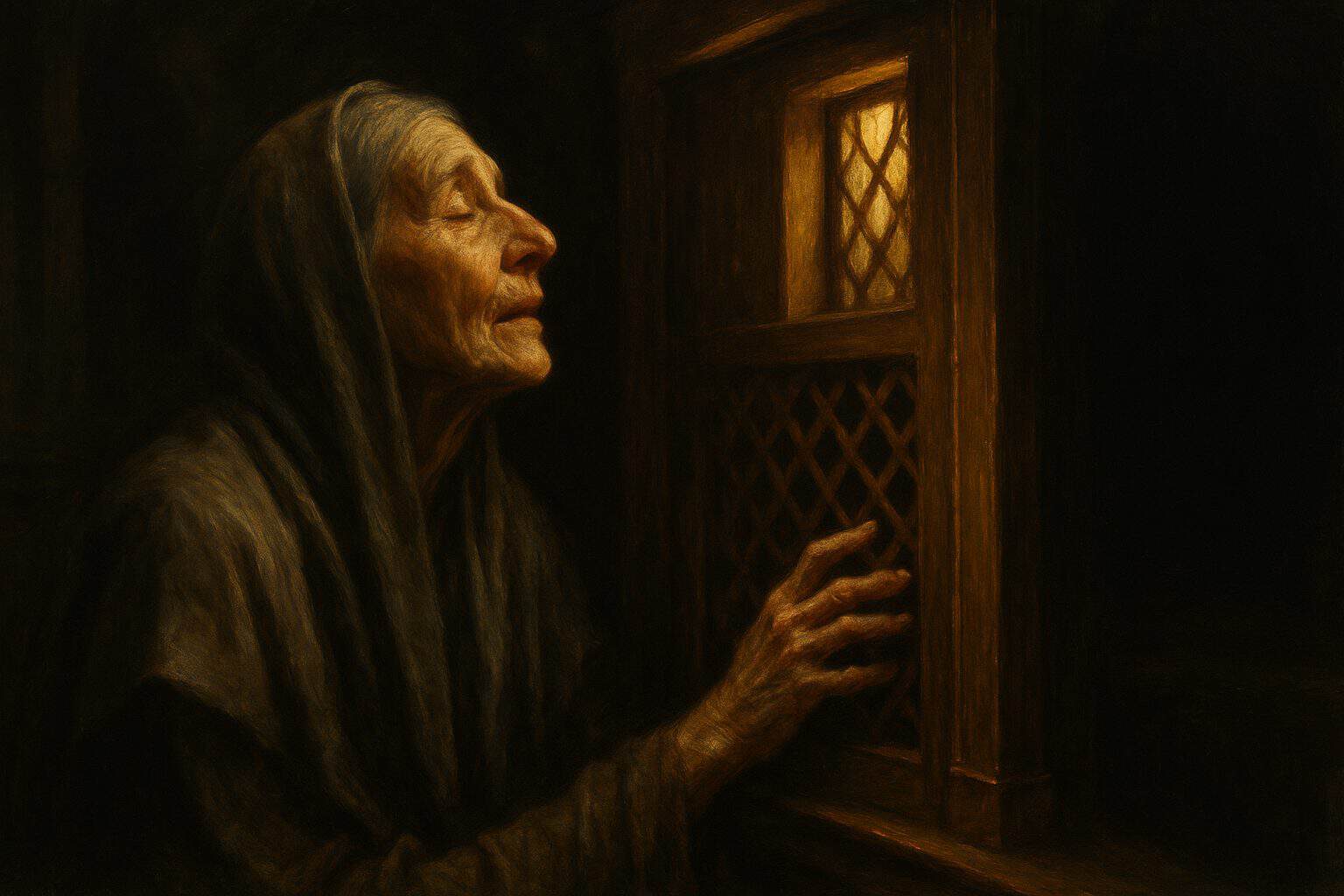 Elderly woman beside a confessional screen in fading light, weary face softened by tender surrender