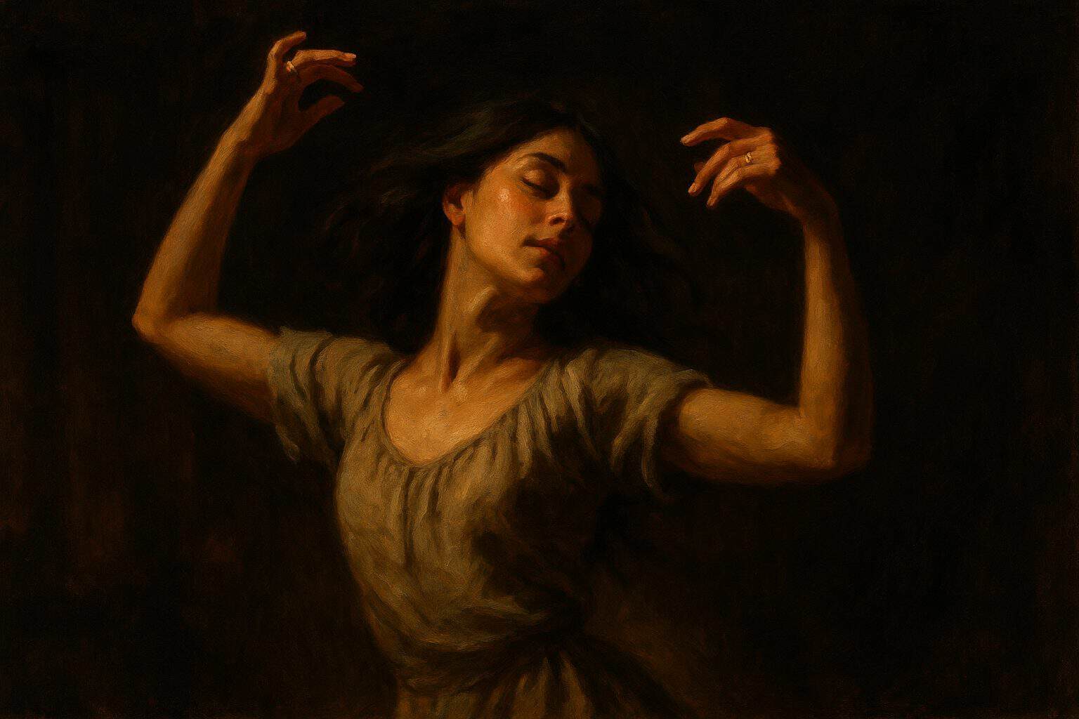 Young woman dancing in warm shadow, arms lifted in rapt joyful abandon to unseen music