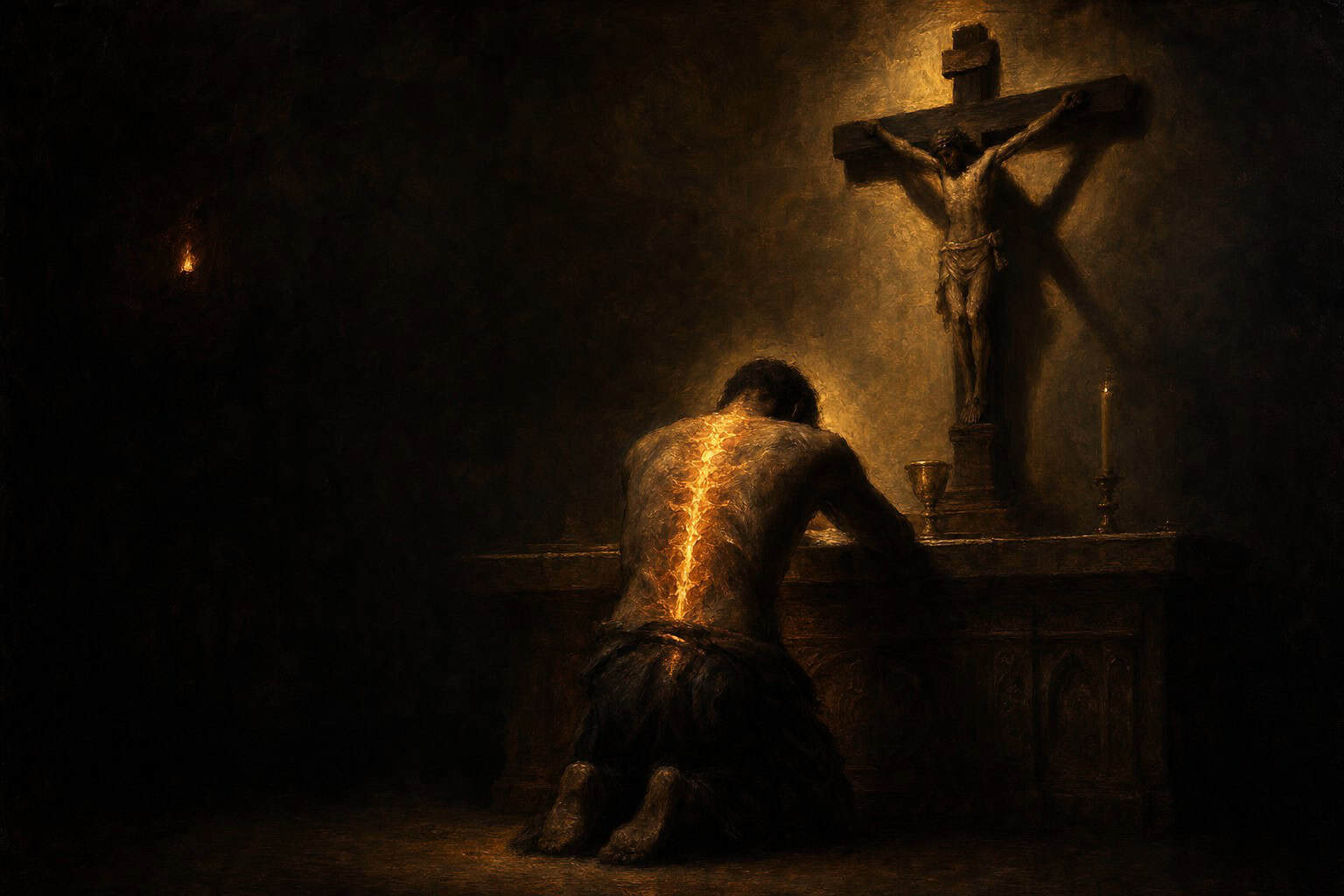 A figure kneeling before an altar, spine lit like molten metal, a crucifix throwing dramatic shadows — a painterly chiaroscuro oil painting evoking the attunement of Wrath, by Anthony Adoré.