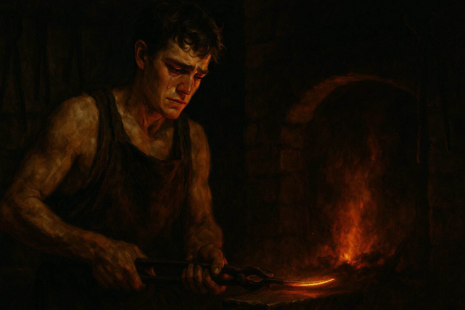 A young blacksmith at a night forge, face torn between anguish and recognition in fierce firelight