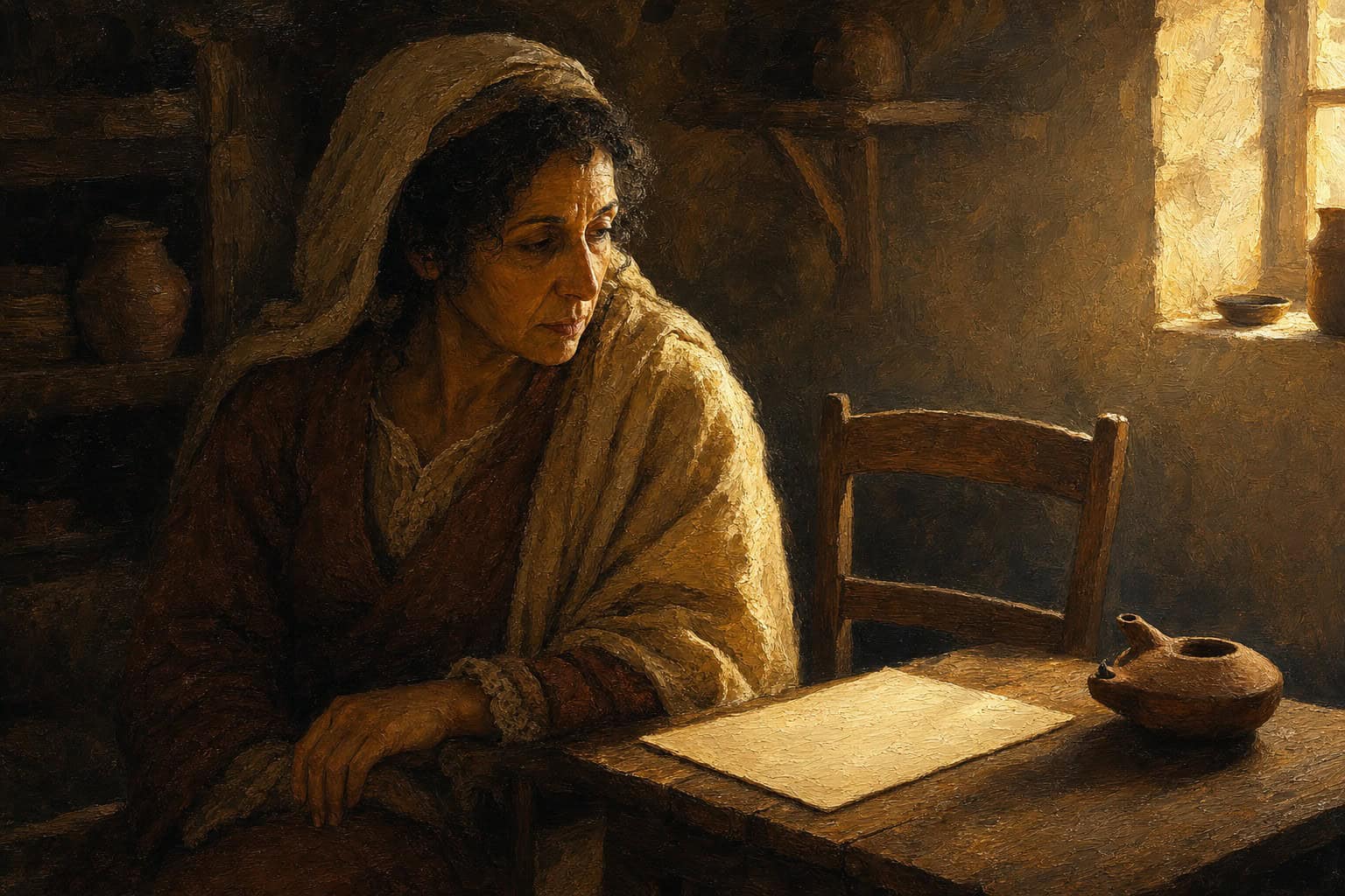 An empty wooden chair beside a writing desk in dim morning light, a blank page and unlit lamp