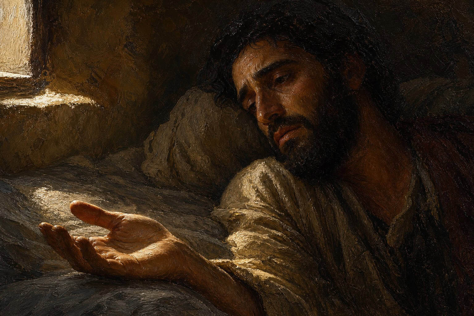 An open, empty human hand at dawn, palm up on gray bedsheets, faint window light falling across the fingers