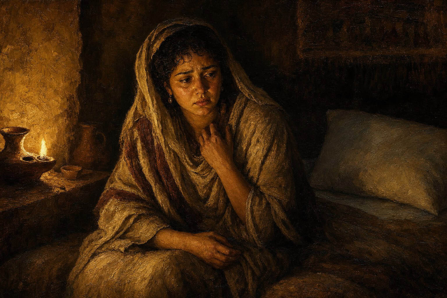 A dim sleeping chamber before dawn, one occupied side of a wide bed