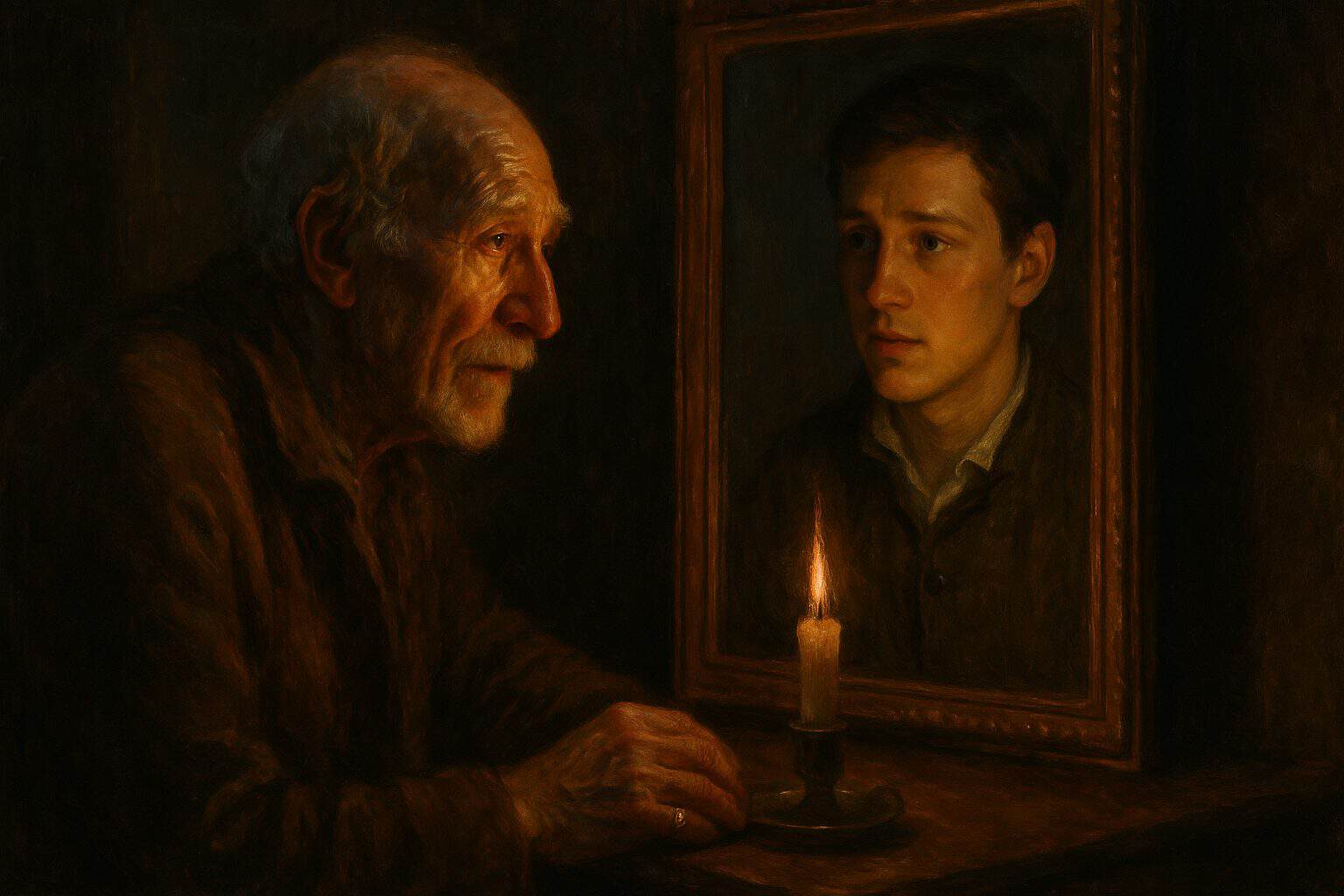 An old man gazes with tender recognition at a mirror showing his younger self by candlelight